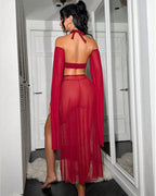 Sheer Halter Lingerie Set ¡§C Gold Tassel Chain Bra, High Slit Skirt & Arm Sleeves
