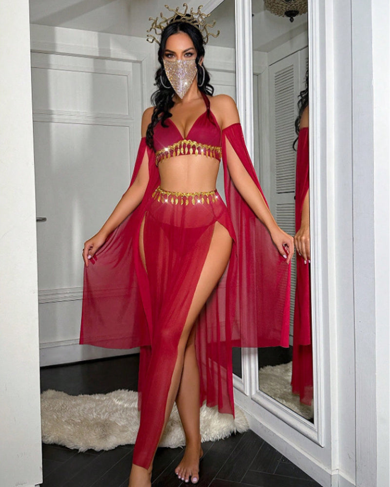 Sheer Halter Lingerie Set ¡§C Gold Tassel Chain Bra, High Slit Skirt & Arm Sleeves