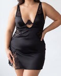 Plus Size Satin Lace Chemise Deep V-Neck Slip Dress