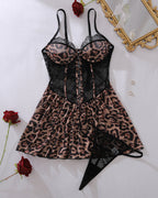 Leopard Sheer Lace Corset Babydoll Lingerie Set