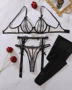 Sheer Mesh Lace Cage Bra Set & Garter Belt with Stockings