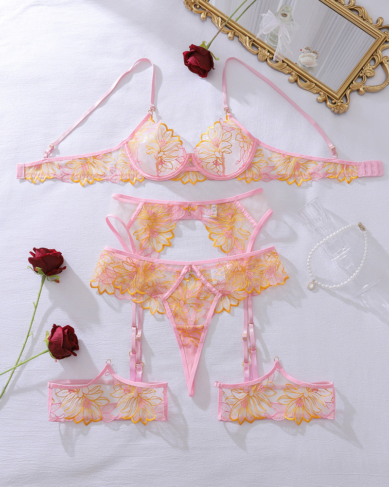 Floral Embroidered Set Sheer Mesh Bra & Garter Belt with Thong