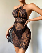 Floral Lace Halter Babydoll Sheer Lingerie Dress
