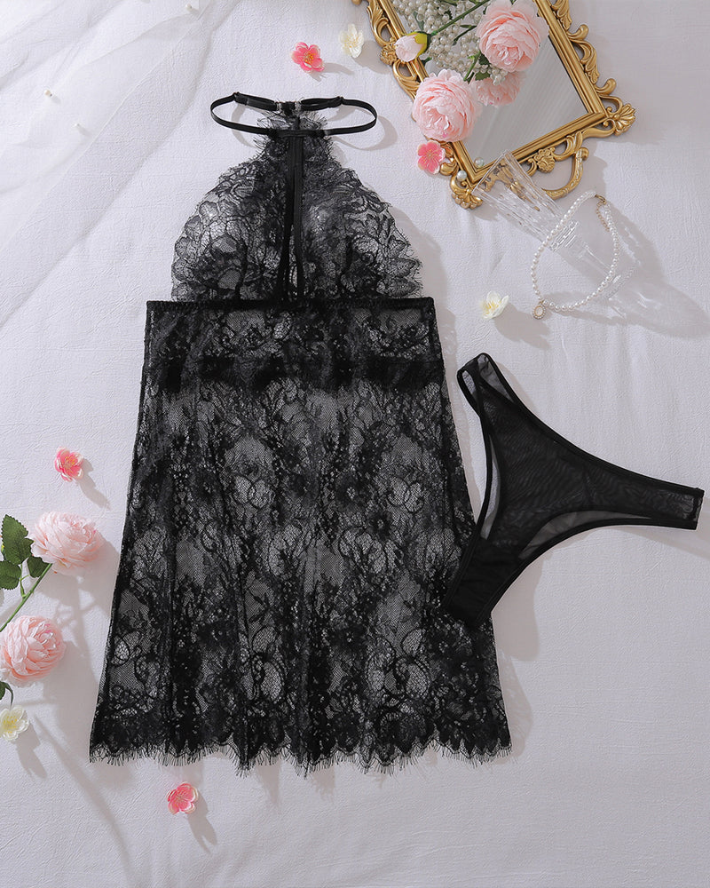 Floral Lace Halter Babydoll Sheer Lingerie Dress