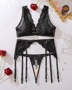 Lace O-Ring Plunge Bra Crotchless Thong with Garter Belt