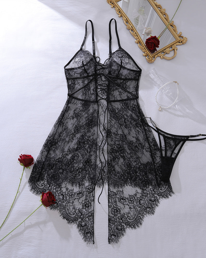 Lace Sheer Mesh Babydoll with Crisscross Lace-Up Back