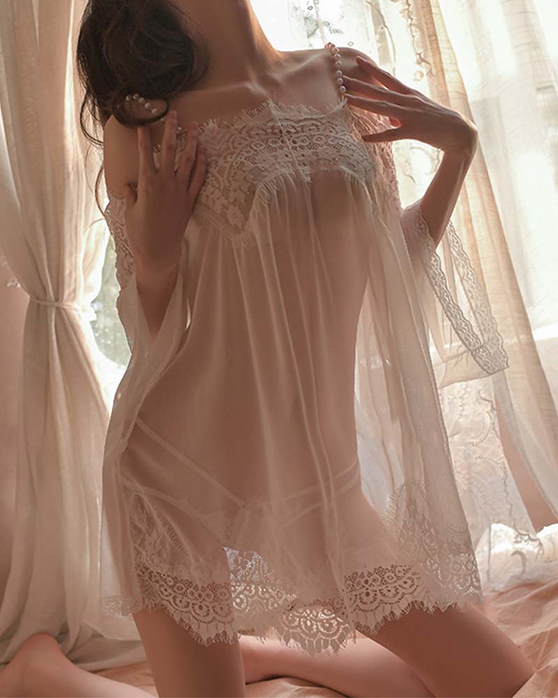 Pearl Strap Sheer Mesh Babydoll Lingerie with Thong