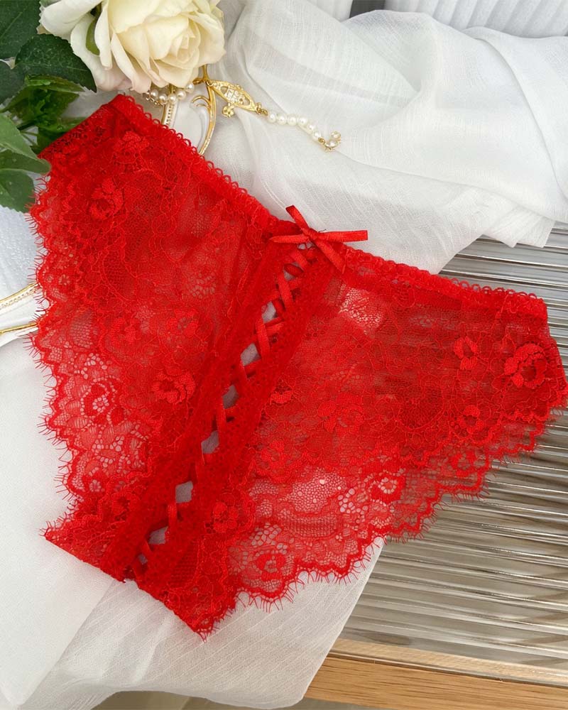 ?Flash Sale-Floral Lace Crisscross Panties Lace Up Briefs Lingerie