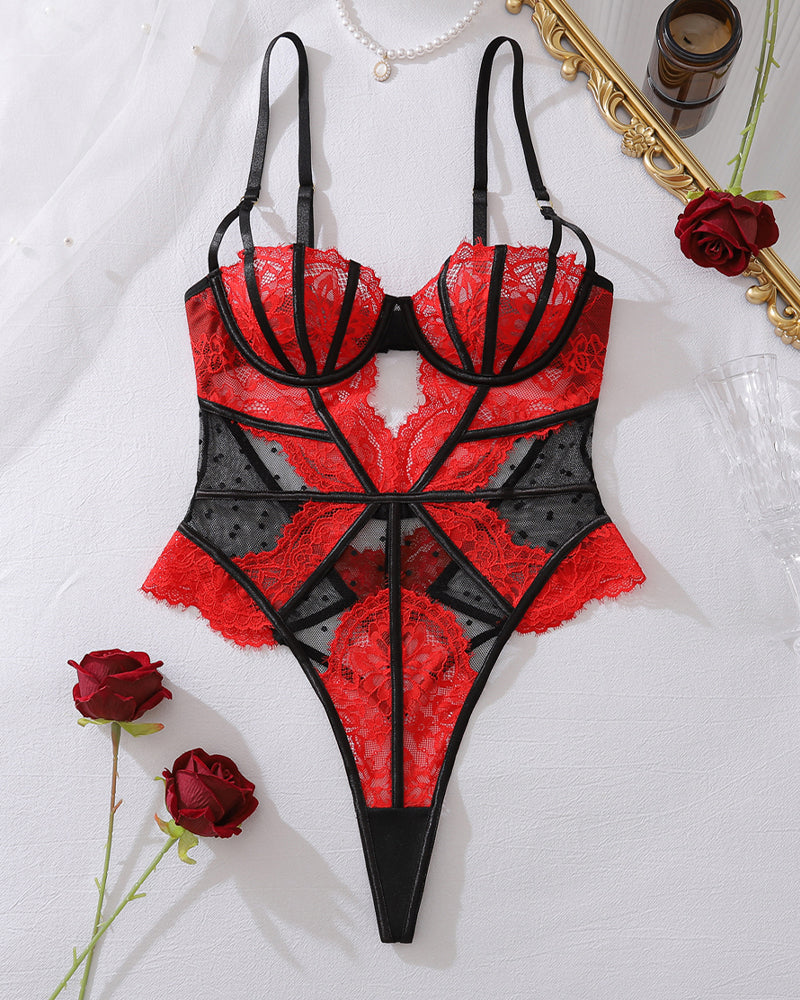 Red & Black Lace Corset Bodysuit - Plunge Cut Out Teddy Lingerie