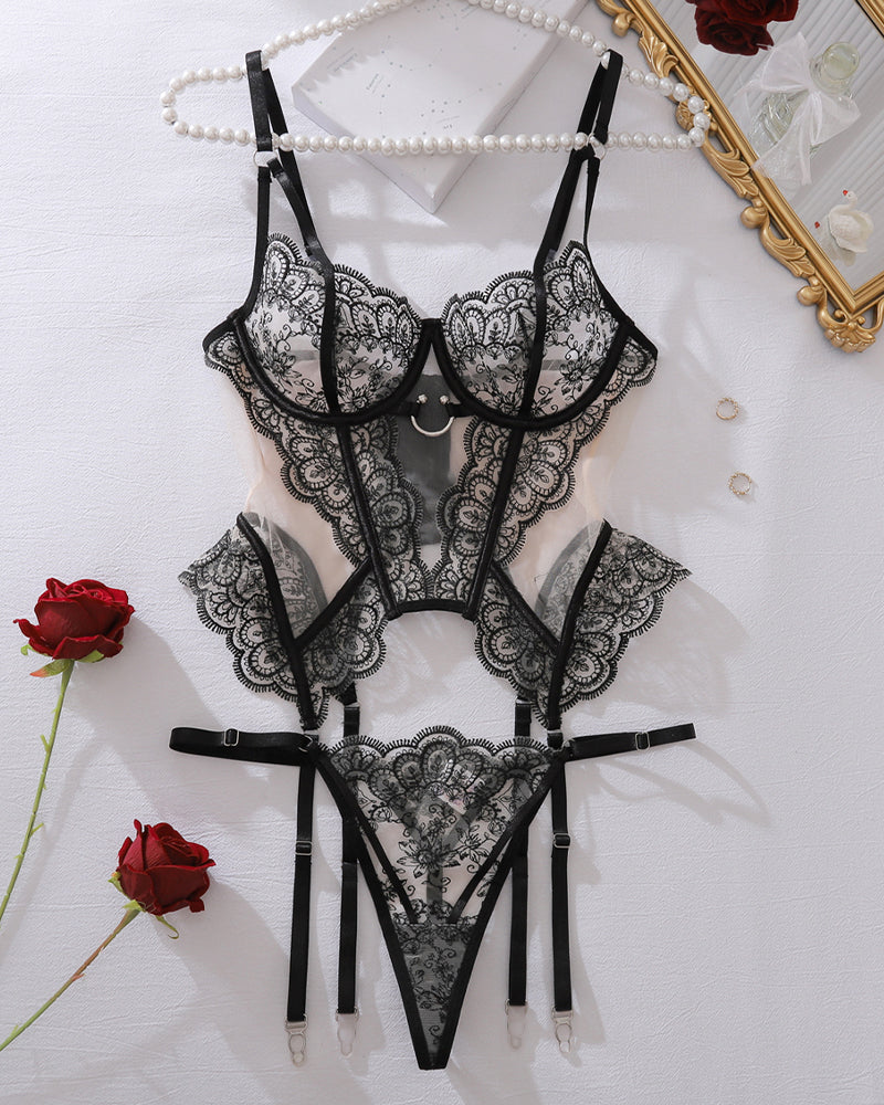 Floral Embroidered Sheer Mesh Garter Corset