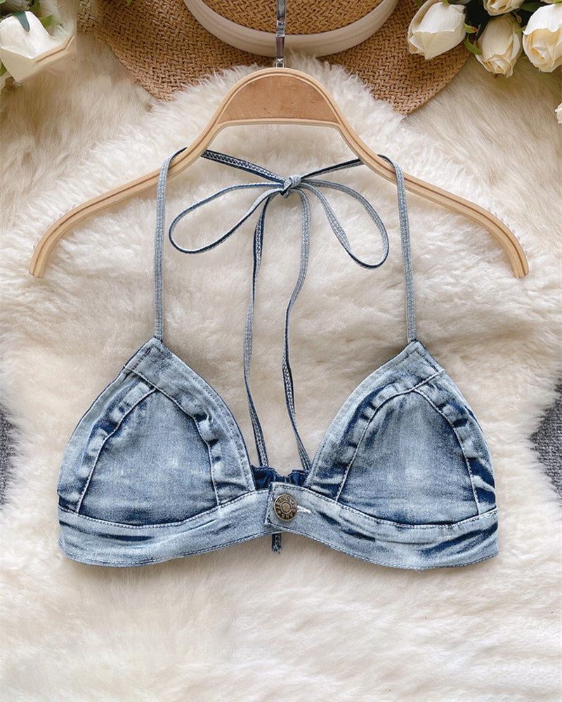 Denim Light Wash Halter Bra Top & High Waisted Fringe Tassel Shorts