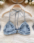 Denim Light Wash Halter Bra Top & High Waisted Fringe Tassel Shorts
