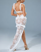 Sheer Floral Lace Long Dress¡§C High Slit Ruffle Maxi Skirt with Panty
