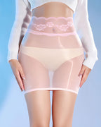Sheer Mesh Lace Trim Mini Skirt ¡§C Floral Lace High-Waisted Skirt