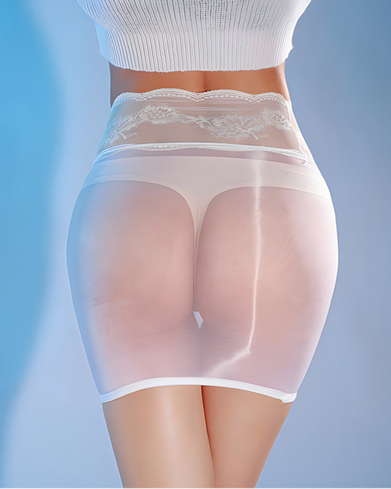 Sheer Mesh Lace Trim Mini Skirt ¡§C Floral Lace High-Waisted Skirt