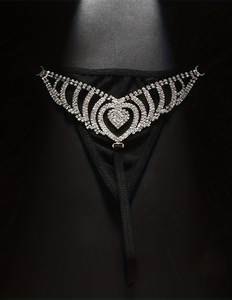 Rhinestone Heart Waist Chain Thong ¡§C Sparkling Crystal Belly Chain G-String