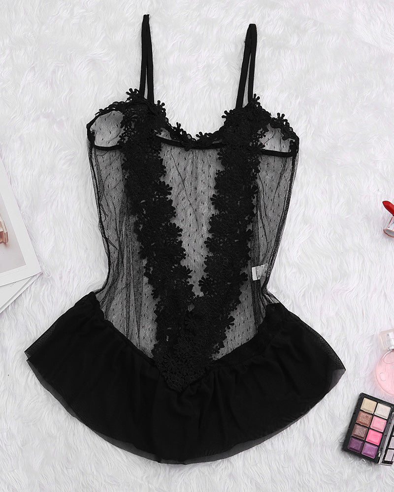 Sheer Floral Lace Bodysuit ¡§C Ruffle Hem See-Through Teddy Lingerie