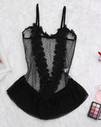 Sheer Floral Lace Bodysuit ¡§C Ruffle Hem See-Through Teddy Lingerie