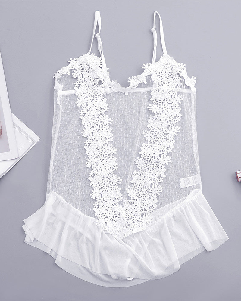 Sheer Floral Lace Bodysuit ¡§C Ruffle Hem See-Through Teddy Lingerie