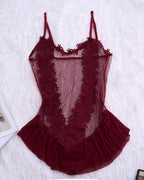 Sheer Floral Lace Bodysuit ¡§C Ruffle Hem See-Through Teddy Lingerie