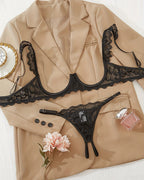 Cupless Lace Bra and Crotchless Thong Set ¡§C Scalloped Ruffle Strap Lingerie