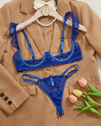Cupless Lace Bra and Crotchless Thong Set ¡§C Scalloped Ruffle Strap Lingerie