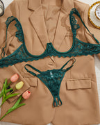 Cupless Lace Bra and Crotchless Thong Set ¡§C Scalloped Ruffle Strap Lingerie