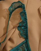 Cupless Lace Bra and Crotchless Thong Set ¡§C Scalloped Ruffle Strap Lingerie