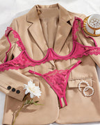 Cupless Lace Bra and Crotchless Thong Set ¡§C Scalloped Ruffle Strap Lingerie
