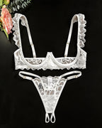Cupless Lace Bra and Crotchless Thong Set ¡§C Scalloped Ruffle Strap Lingerie