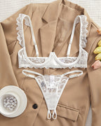 Cupless Lace Bra and Crotchless Thong Set ¡§C Scalloped Ruffle Strap Lingerie