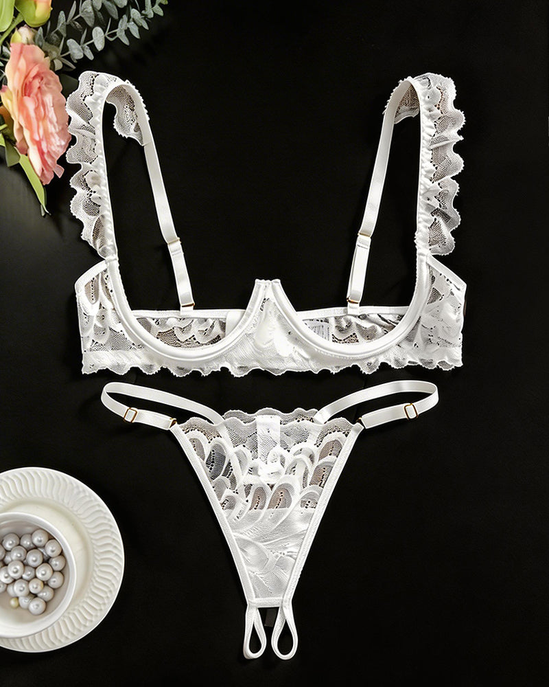 Cupless Lace Bra and Crotchless Thong Set ¡§C Scalloped Ruffle Strap Lingerie