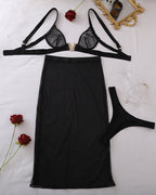 Sheer Black Mesh Lingerie Set ¡§C Bra, Midi Skirt with Thong