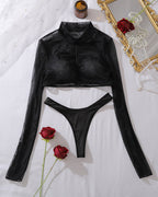 Sheer Mesh Long Sleeve Crop Top and Thong Set