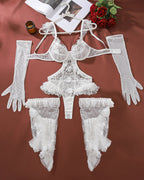 Lace Bodysuit Set with Long Gloves and Ruffled Stockings