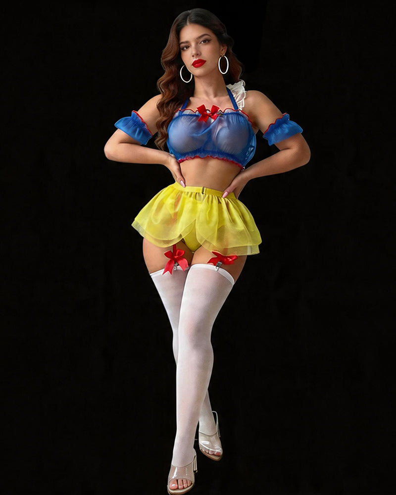 Blue Sheer Halter Bra with Tutu Skirt, Stockings, Sleeves & Panties