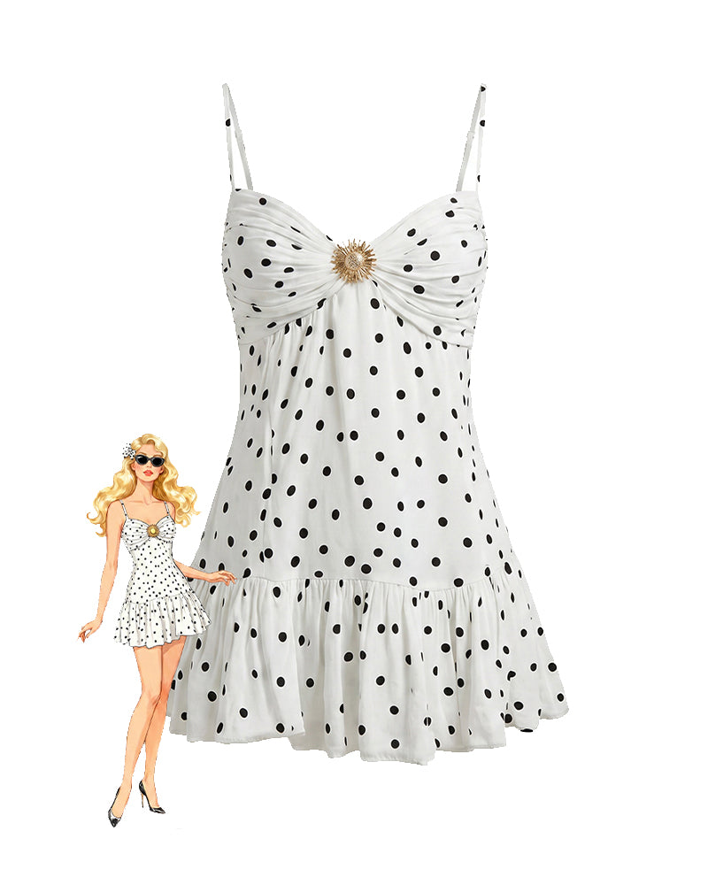 Polka Dot Halter Mini Dress with Ruched Bust and Ruffled Hem