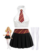 Schoolgirl Lace Halter Crop Top & Pleated Mini Skirt Set with Stockings