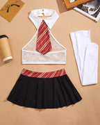 Schoolgirl Lace Halter Crop Top & Pleated Mini Skirt Set with Stockings