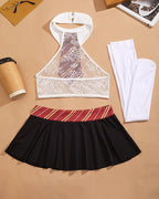 Schoolgirl Lace Halter Crop Top & Pleated Mini Skirt Set with Stockings
