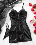 Faux Leather Lace Zip Front Mini Dress with Thong