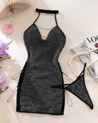 Sparkly Glitter Halter Chain Mini Dress with Thong