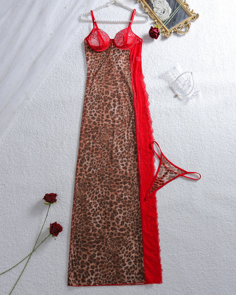 Leopard Print Sheer Maxi Slip Dress with Red Lace & Thong
