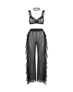 Sheer Ruffle Lace Bralette & Mesh Pants Set with Choker