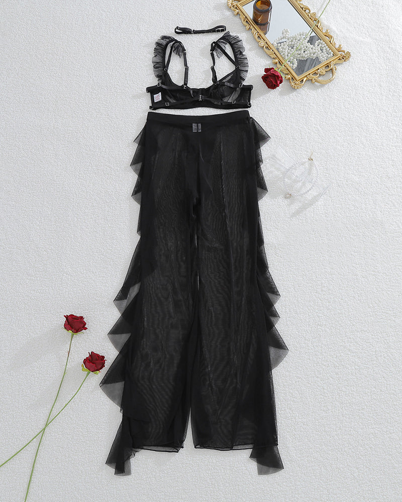 Sheer Ruffle Lace Bralette & Mesh Pants Set with Choker
