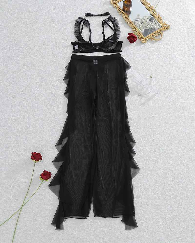Sheer Ruffle Lace Bralette & Mesh Pants Set with Choker