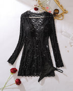 Floral Lace Long Sleeve Cutout Mini Dress with Thong