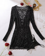 Floral Lace Long Sleeve Cutout Mini Dress with Thong