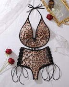 Leopard Sequin Halter Bikini Top & Lace-Up Bottoms Set