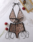 Leopard Sequin Halter Bikini Top & Lace-Up Bottoms Set